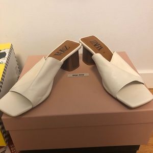 Zara white leather faux wood block heel sandals
